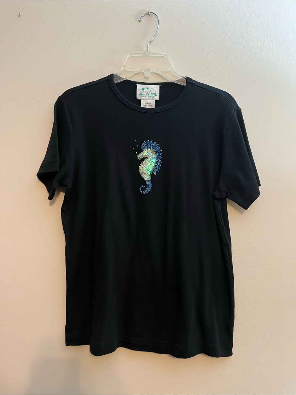 The Quacker Factory Seahorse Black Top Women’s Sz XS 100% Cotton Bedazzled VTG